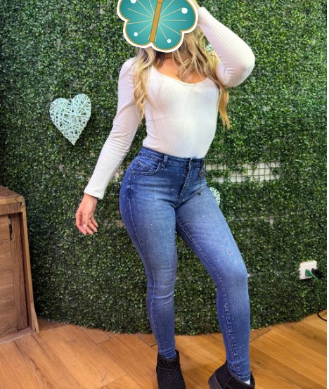 Skinny azul brillos, jeans push up tiro alto